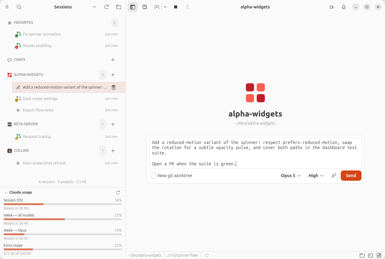 The new-chat screen: the project over its composer, a worktree checkbox and a model picker on the Send row, the unsent prompt already a Draft row in the sidebar