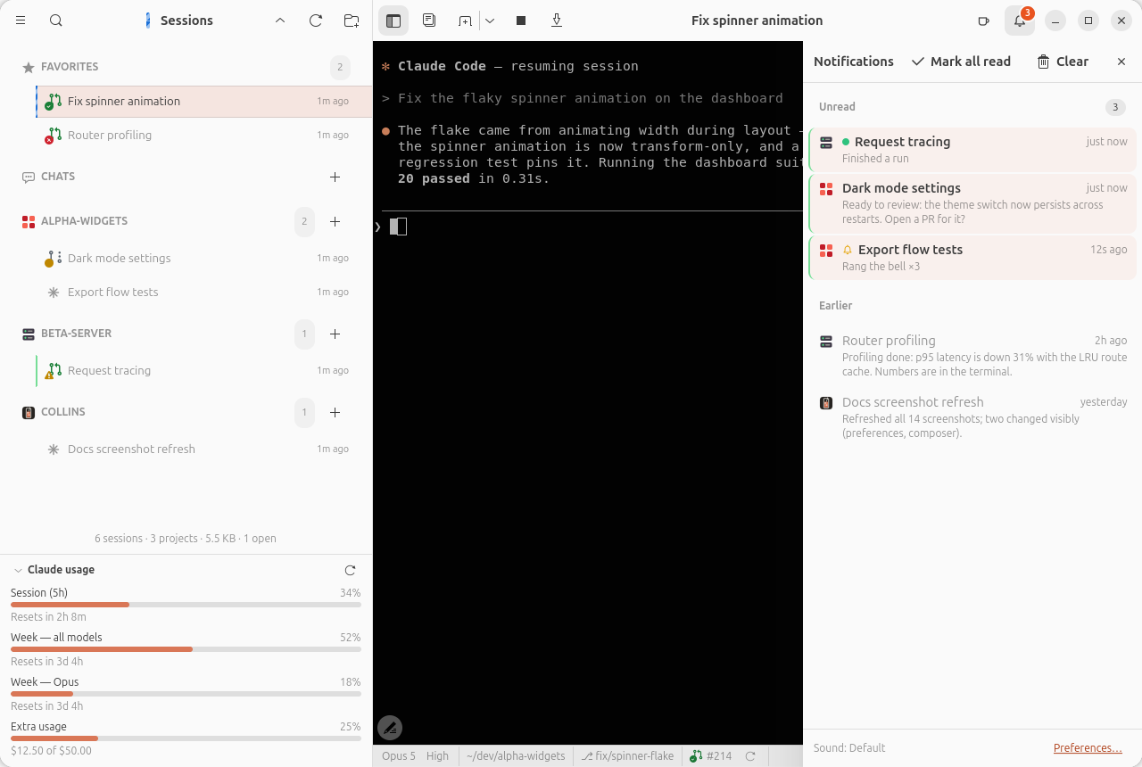The notification history sheet, open over a session