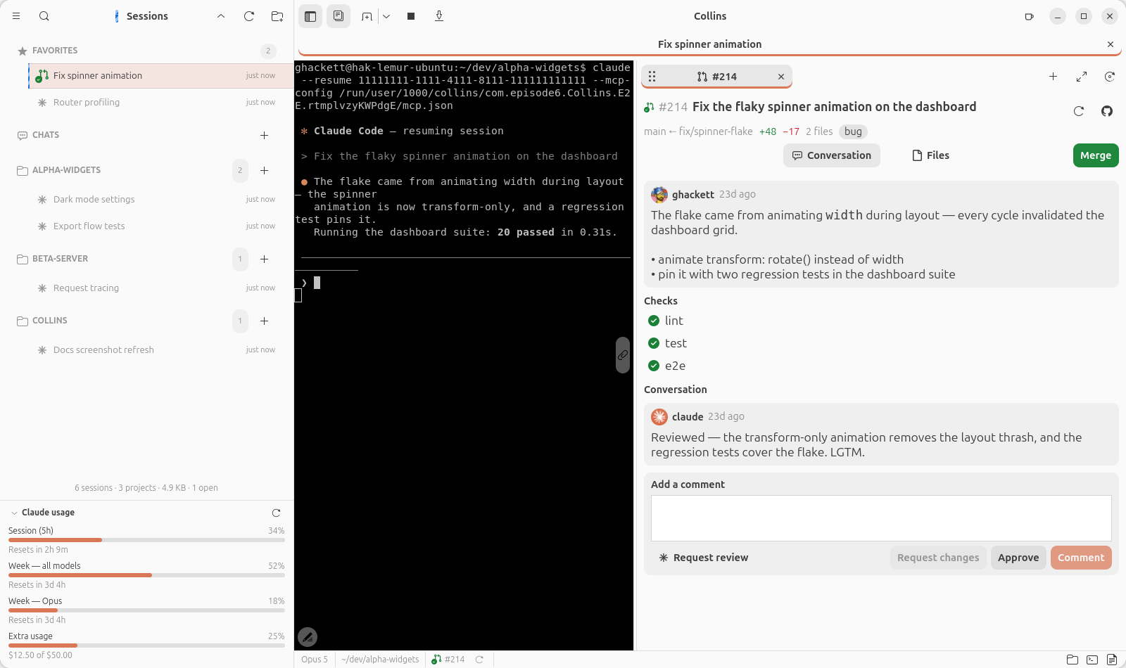 A pull request page open beside its session