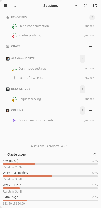 The sidebar: each project wearing its own icon, sessions carrying pull request marks