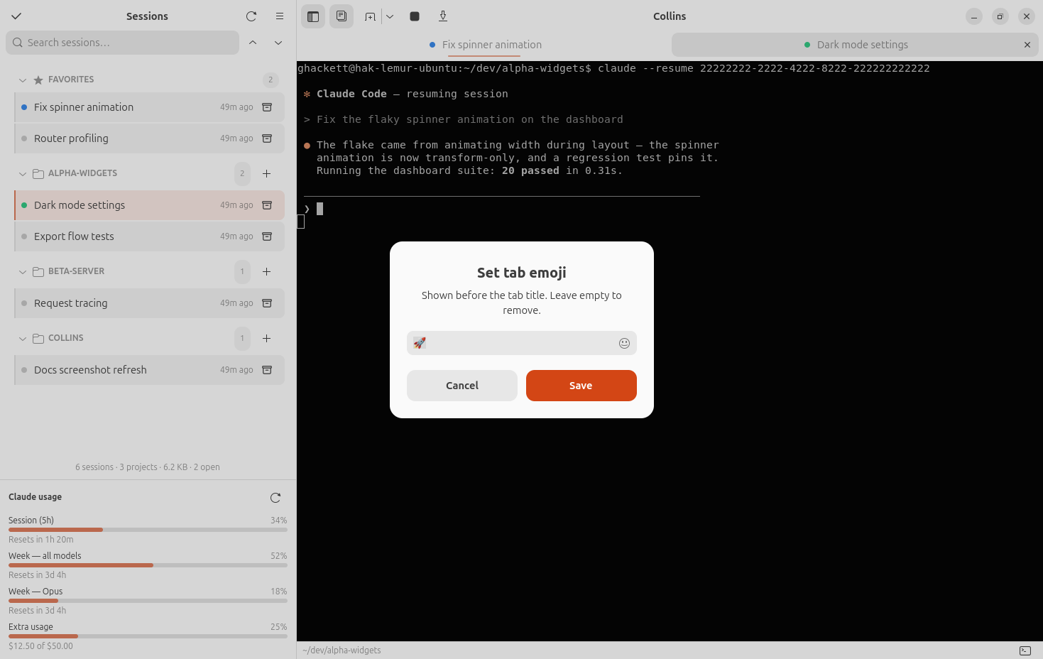Setting a tab emoji, with two sessions open as tabs